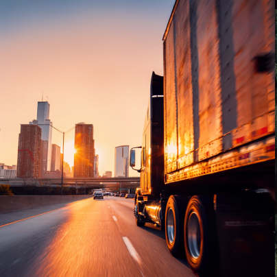 Truck driving on highway towards city